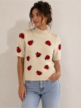 Maeve Anthropologie Ladybug Sweater Top XS Cream Mock Neck Short Sleeve Knit